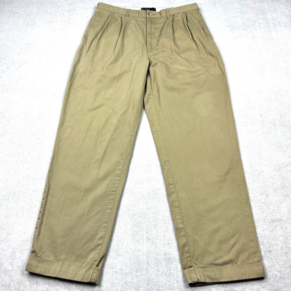 VTG Polo Ralph Lauren Hammond Pants Mens 35x32 Khaki Pleated Cuffed Chino Chinos
